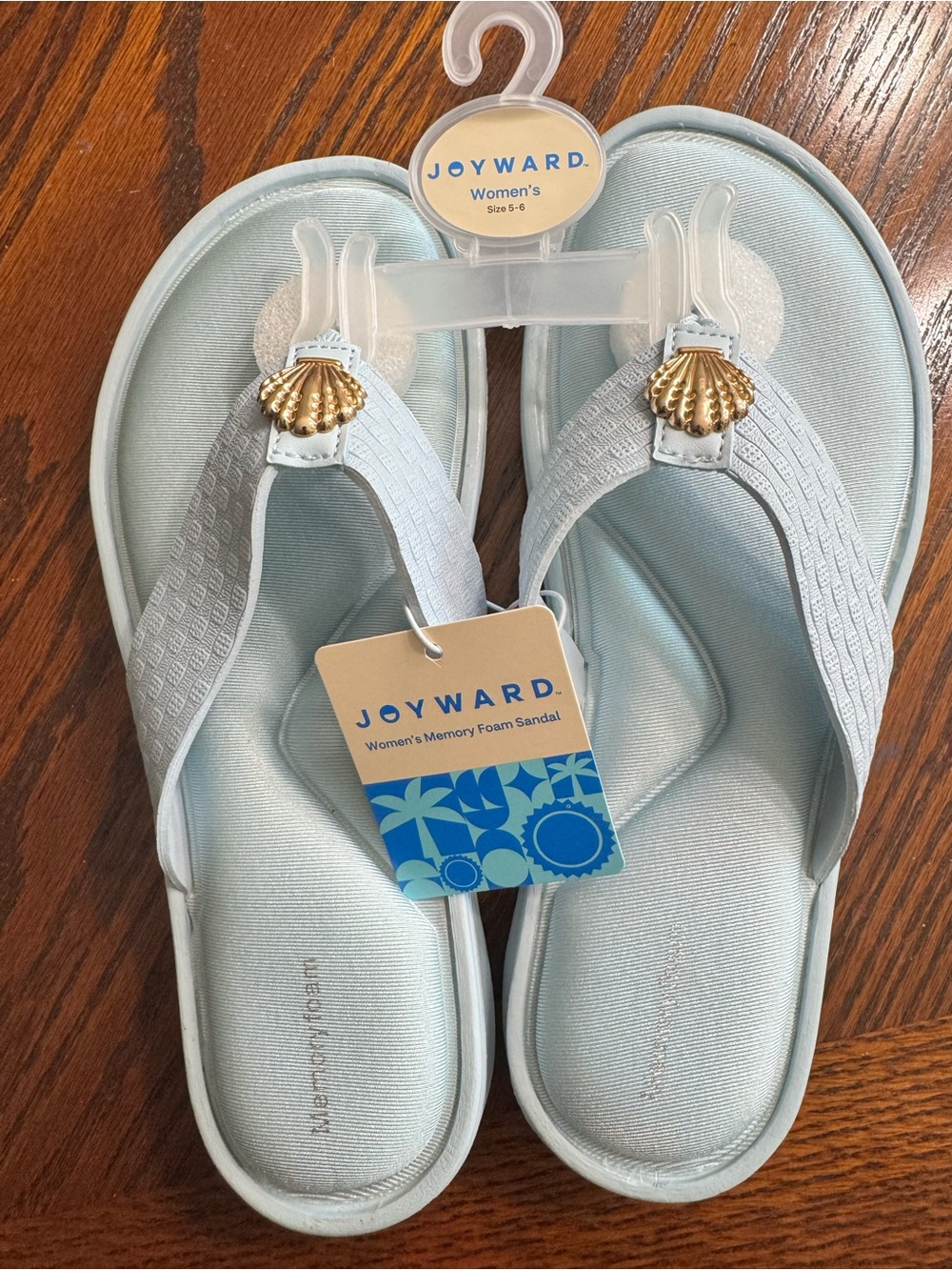 Women's Light Blue Memory Foam Sandals with Gold Shell Accent